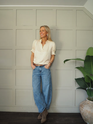 Veeni Silky Soft Blouse with Short Sleeves by Saint Tropez - Tomato Red, Vanilla Custard