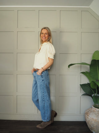 Veeni Silky Soft Blouse with Short Sleeves by Saint Tropez - Tomato Red, Vanilla Custard