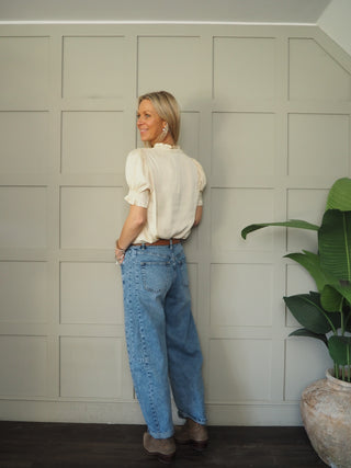 Veeni Silky Soft Blouse with Short Sleeves by Saint Tropez - Tomato Red, Vanilla Custard