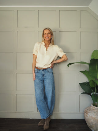 Veeni Silky Soft Blouse with Short Sleeves by Saint Tropez - Tomato Red, Vanilla Custard