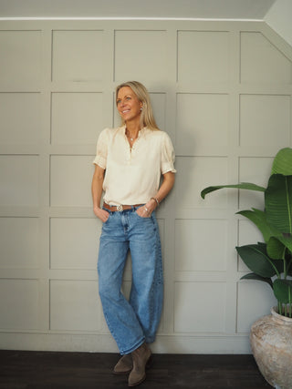 Veeni Silky Soft Blouse with Short Sleeves by Saint Tropez - Tomato Red, Vanilla Custard