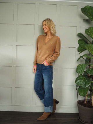 Lightening Bolt Cashmere Jumper by Brodie - Camel and Grey