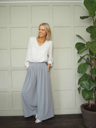 Rosie Wide Leg, Lightweight Trousers with Pleated Front &amp; Side Pockets - Black, Blue/Grey, Off White and Stone