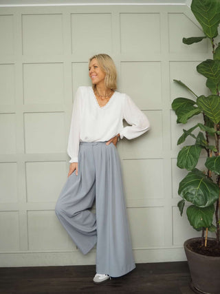 Rosie Wide Leg, Lightweight Trousers with Pleated Front &amp; Side Pockets - Black, Blue/Grey, Off White and Stone