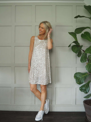 Festival Sequin A-Line, Short Sleeved Party Dress - Black, Champagne