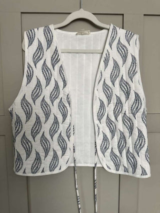Yaz Quilted Linen Waistcoat, with Single Front Tie - Ecru and Blue/Grey Leaf Design