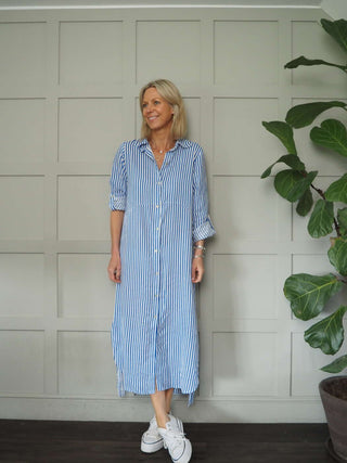 Morley Linen Striped Shirt Dress with Collar - Black, Camel, Cobalt Blue with Ecru