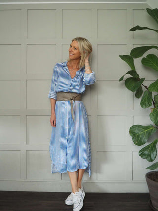 Morley Linen Striped Shirt Dress with Collar - Black, Camel, Cobalt Blue with Ecru