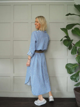 Morley Linen Striped Shirt Dress with Collar - Black, Camel, Cobalt Blue with Ecru