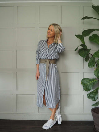 Morley Linen Striped Shirt Dress with Collar - Black, Camel, Cobalt Blue with Ecru