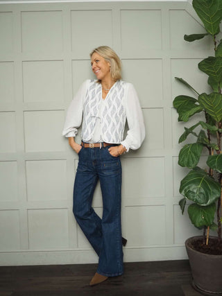 Yaz Quilted Linen Waistcoat, with Single Front Tie - Ecru and Blue/Grey Leaf Design