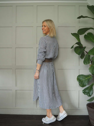 Morley Linen Striped Shirt Dress with Collar - Black, Camel, Cobalt Blue with Ecru