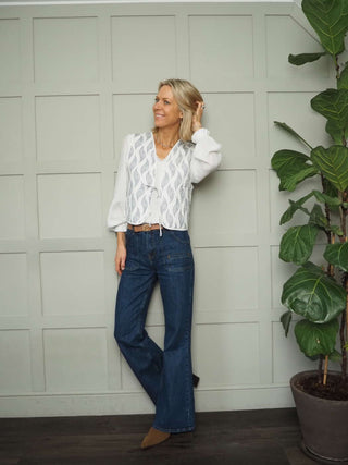 Yaz Quilted Linen Waistcoat, with Single Front Tie - Ecru and Blue/Grey Leaf Design