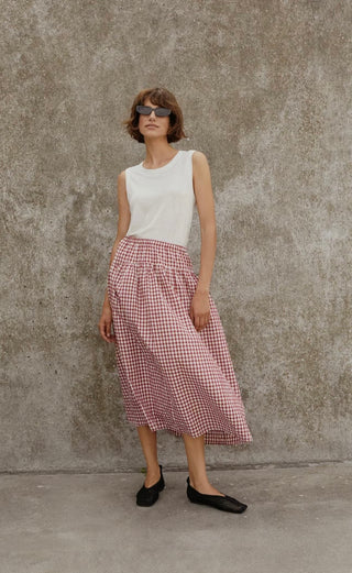 Brunhild Checked Skirt by Part Two - Burgundy/White