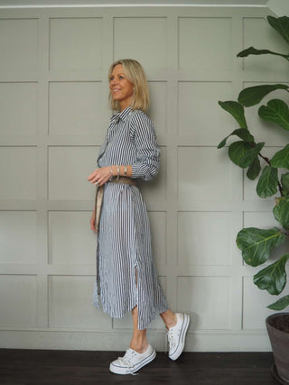 Morley Linen Striped Shirt Dress with Collar - Black, Camel, Cobalt Blue with Ecru