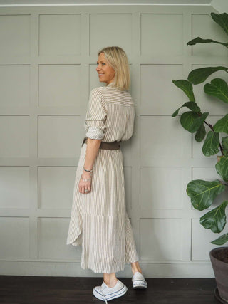 Morley Linen Striped Shirt Dress with Collar - Black, Camel, Cobalt Blue with Ecru