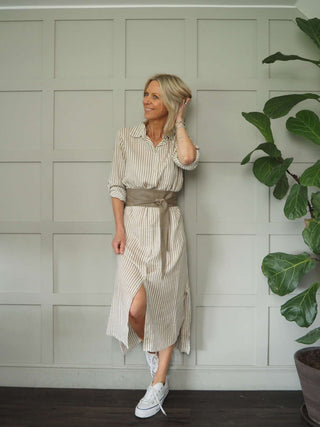 Morley Linen Striped Shirt Dress with Collar - Black, Camel, Cobalt Blue with Ecru