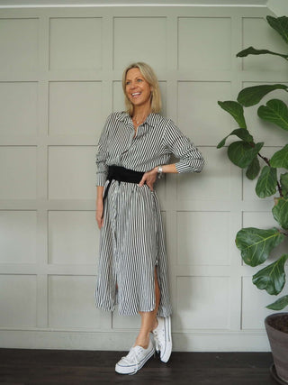 Morley Linen Striped Shirt Dress with Collar - Black, Camel, Cobalt Blue with Ecru