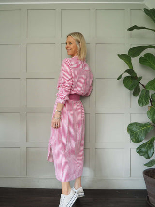 Morley Linen Striped Shirt Dress with Collar - Black, Camel, Cobalt Blue with Ecru