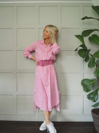 Morley Linen Striped Shirt Dress with Collar - Black, Camel, Cobalt Blue with Ecru