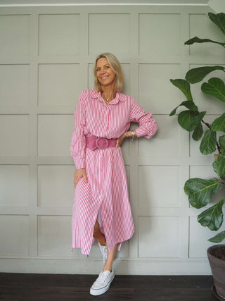 Morley Linen Striped Shirt Dress with Collar - Black, Camel, Cobalt Blue with Ecru