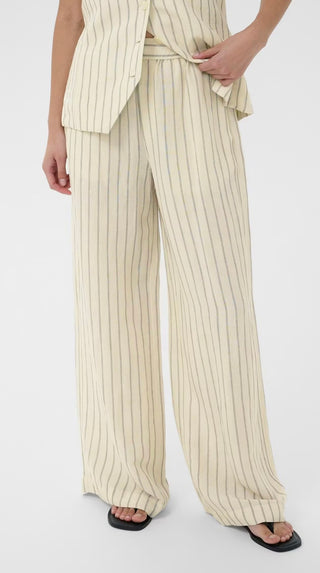Biana Wide Leg Linen Mix Trousers by Part Two - Ecru/Black Pinstripe
