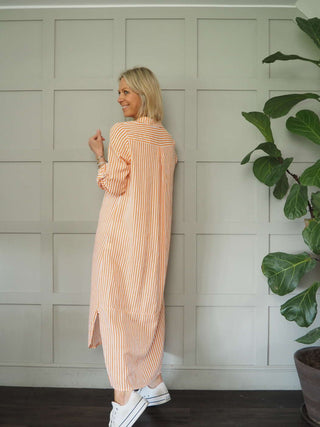 Morley Linen Striped Shirt Dress with Collar - Black, Camel, Cobalt Blue with Ecru