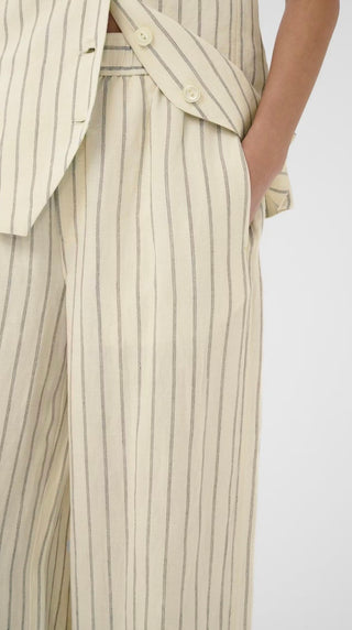 Biana Wide Leg Linen Mix Trousers by Part Two - Ecru/Black Pinstripe