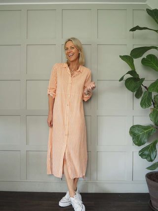 Morley Linen Striped Shirt Dress with Collar - Black, Camel, Cobalt Blue with Ecru