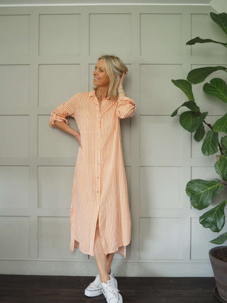 Morley Linen Striped Shirt Dress with Collar - Black, Camel, Cobalt Blue with Ecru