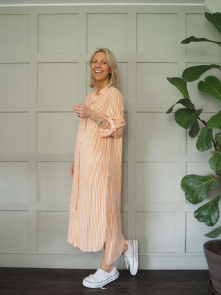 Morley Linen Striped Shirt Dress with Collar - Black, Camel, Cobalt Blue with Ecru