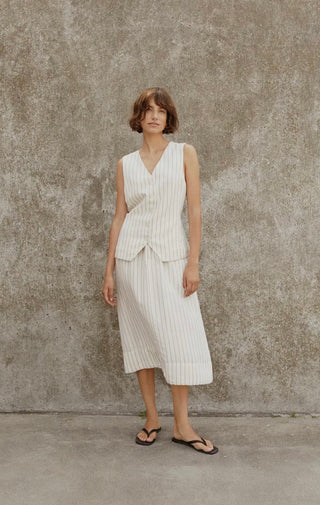 Binta Linen Mix Waistcoat by Part Two - Ecru/Black Pinstripe