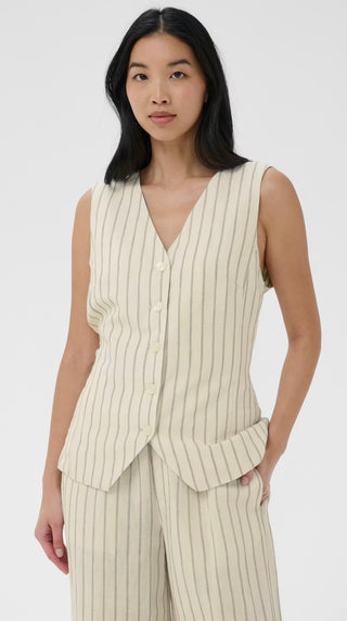 Binta Linen Mix Waistcoat by Part Two - Ecru/Black Pinstripe