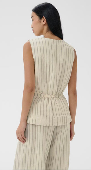 Binta Linen Mix Waistcoat by Part Two - Ecru/Black Pinstripe