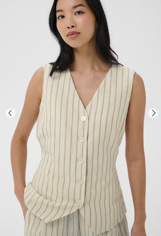 Binta Linen Mix Waistcoat by Part Two - Ecru/Black Pinstripe