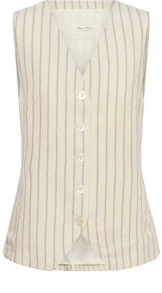 Binta Linen Mix Waistcoat by Part Two - Ecru/Black Pinstripe