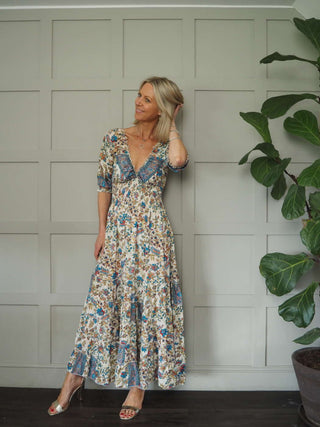 Reta 3/4 Sleeved V-Neck Gypsy Style Dress - Ecru, Pink, Turquoise