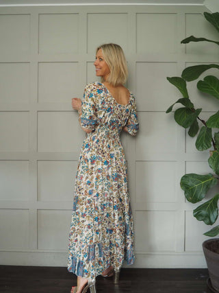 Reta 3/4 Sleeved V-Neck Gypsy Style Dress - Ecru, Pink, Turquoise