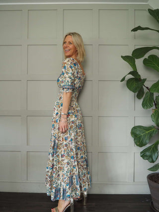 Reta 3/4 Sleeved V-Neck Gypsy Style Dress - Ecru, Pink, Turquoise