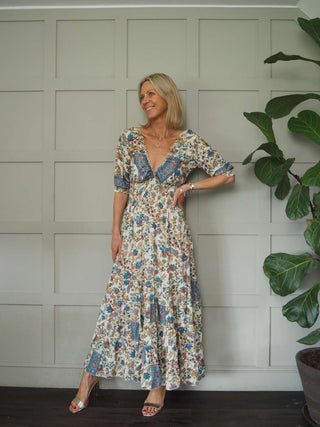 Reta 3/4 Sleeved V-Neck Gypsy Style Dress - Ecru, Pink, Turquoise