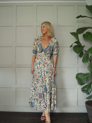 Reta 3/4 Sleeved V-Neck Gypsy Style Dress - Ecru, Pink, Turquoise