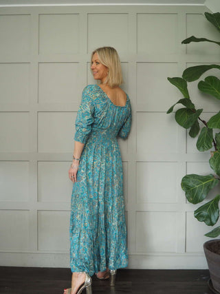 Reta 3/4 Sleeved V-Neck Gypsy Style Dress - Ecru, Pink, Turquoise