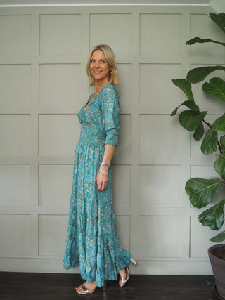 Reta 3/4 Sleeved V-Neck Gypsy Style Dress - Ecru, Pink, Turquoise