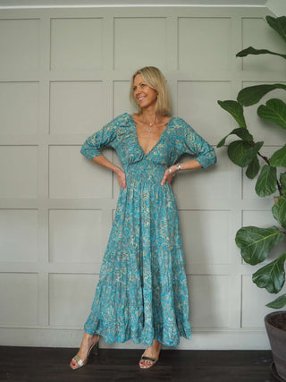 Reta 3/4 Sleeved V-Neck Gypsy Style Dress - Ecru, Pink, Turquoise