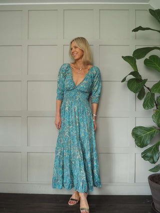 Reta 3/4 Sleeved V-Neck Gypsy Style Dress - Ecru, Pink, Turquoise