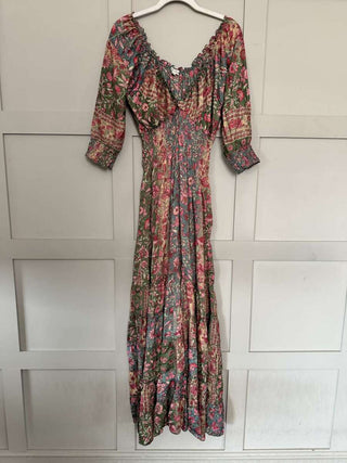 Reta 3/4 Sleeved V-Neck Gypsy Style Dress - Ecru, Pink, Turquoise