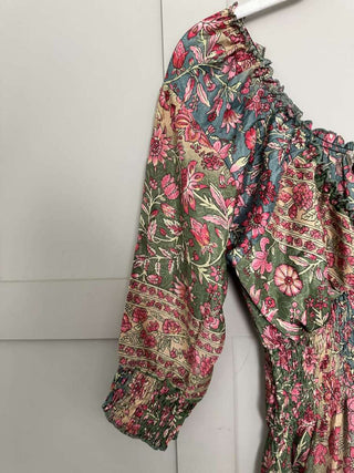 Reta 3/4 Sleeved V-Neck Gypsy Style Dress - Ecru, Pink, Turquoise