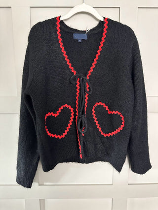 Fea Soft Cardigan with Tie Fastening &amp; Red Ric-Rac Hearts and Trim - Black