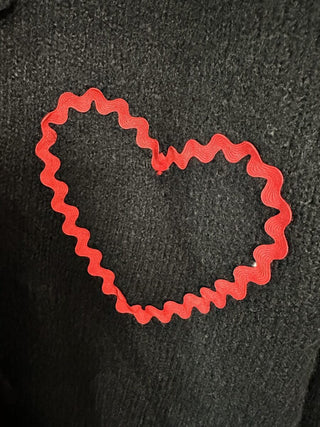 Fea Soft Cardigan with Tie Fastening &amp; Red Ric-Rac Hearts and Trim - Black