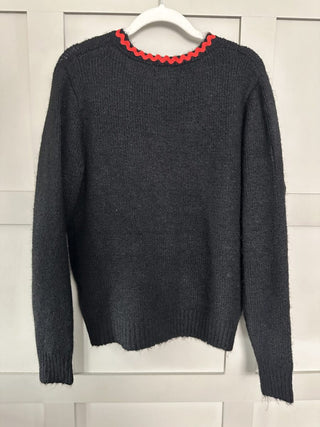 Fea Soft Cardigan with Tie Fastening &amp; Red Ric-Rac Hearts and Trim - Black